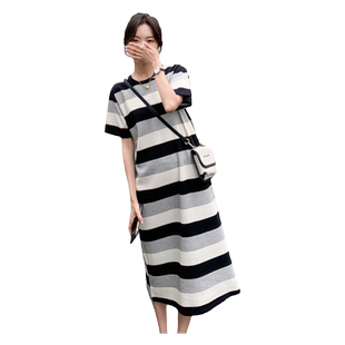 长款过膝短袖连衣裙女大码韩版宽松2024夏条纹t恤裙懒人孕妇裙子