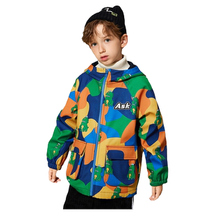 ask 男童外套冬加厚保暖儿童卡通印花时尚毛绒儿童连帽外套
