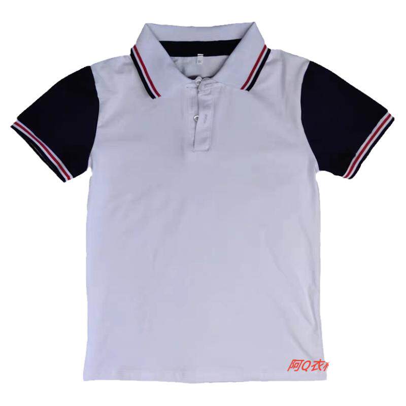 春夏男女学生短袖翻领白色拼深蓝中小学初中高中班服薄款校服定做