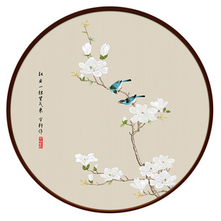 新中式柜子装饰画玄关挂画灯光画圆形客厅茶室古风走廊背景墙壁画