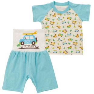 出口日本男宝宝夏季纯棉家居服套装高腰薄款婴儿童护肚短裤袖睡衣