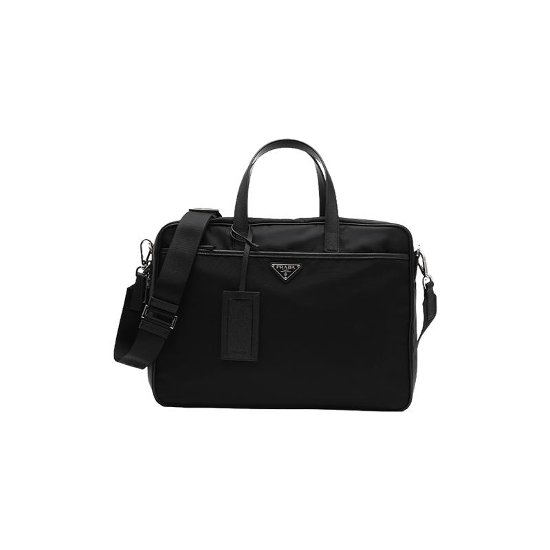 【自营】Prada/普拉达男士三角徽标织物配皮手提单肩斜挎包公文包