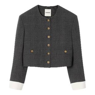 季末7折SANDRO2025秋冬新款女装法式灰色仿钻格纹拼接袖圆领外套