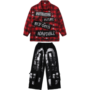 儿童乐队演出服街舞爵士舞比赛服装女童红色格子衬衫裤子套装男童