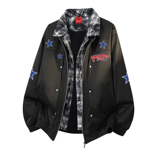 查尔斯桃心美式假两件星星印花翻领夹克男春上新拼接休闲情侣外套