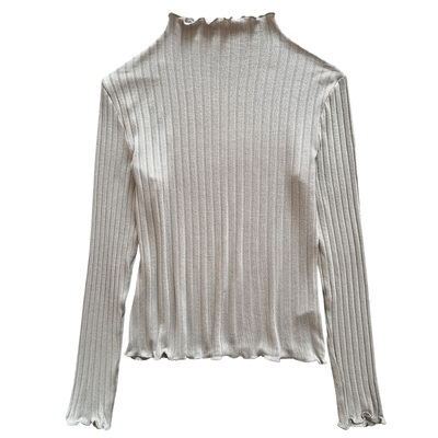 2026新款半高领坑条打底衫女长袖春秋薄款木耳边叠穿内搭针织衫女