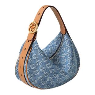 卡思乐美式丹宁水洗牛仔蓝色腋下包HOBO半月帆布单肩包月亮包