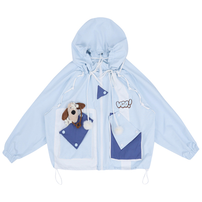 甜美抽绳连帽浅蓝冲锋服外套