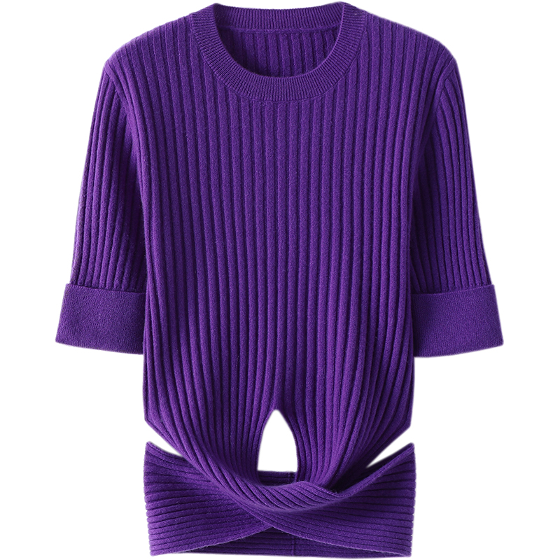 是我的场！腰部缠绕绑带坑条山羊绒衫女圆领纯羊绒毛衣短袖秋冬