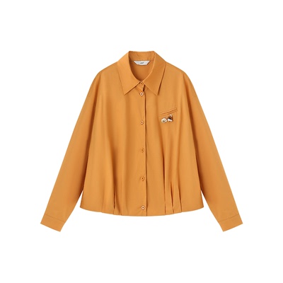 XWI欣未100%纯棉黄色衬衫外套女2026年春夏贝壳胸针休闲百搭上衣