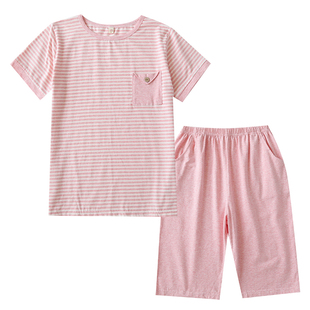 夏季纯棉睡衣女士短袖柔软开衫短裤套装日系清新宽松纯色家居服