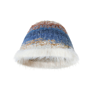 【虹间初遇】Uena蓝色油画渐变条纹花纱针织渔夫帽毛线绒边盆帽女