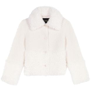 Maje秋冬女装法式时尚气质白色毛绒大翻领单排扣短款毛呢外套上衣