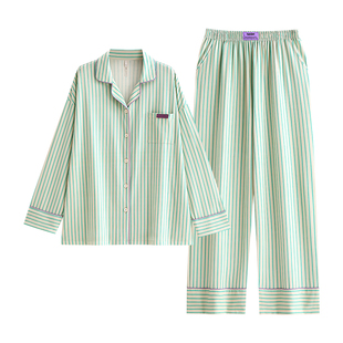 悦内睡衣女春秋季秋款纯棉长袖家居服大码休闲宽松时尚条纹可外穿