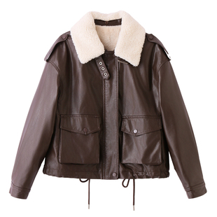 加绒加厚短款皮衣女2025冬季新款高级感显瘦机车大毛领皮夹克外套
