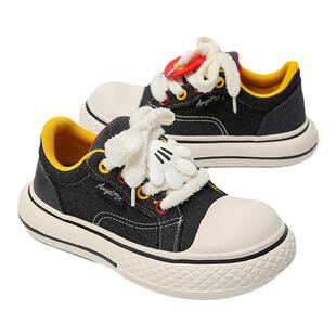 2024新款米奇联名款黑色百搭帆布鞋男厚底情侣大头鞋增高休闲鞋子