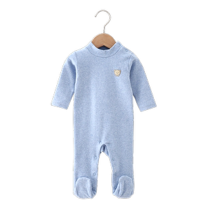 婴儿半高领连体衣连袜秋冬纯棉加厚保暖内衣宝宝德绒打底睡衣包脚