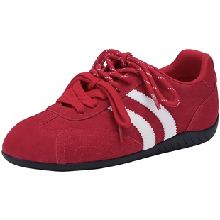 热风红色德训鞋女款2025年冬季新款薄底运动休闲鞋新年赛车女鞋子