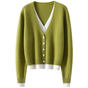 美丽显贵！假两件纯山羊绒开衫女V领纯羊绒毛衣针织开衫外套秋冬