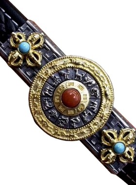 男女款纯银九宫八卦皮手环民族风