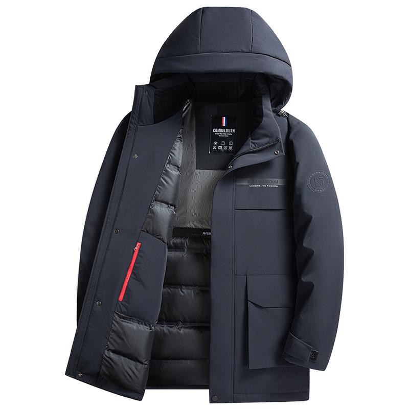 罗蒙商务可拆卸帽中长款鹅绒服男
