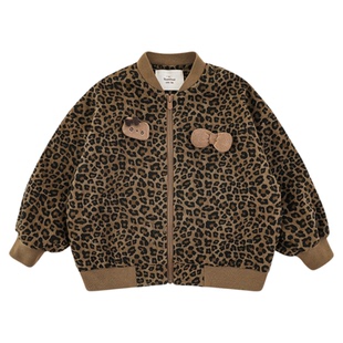 幼悠女童复古豹纹棒球服2026春秋童趣可爱蝴蝶结绣标防风保暖外套