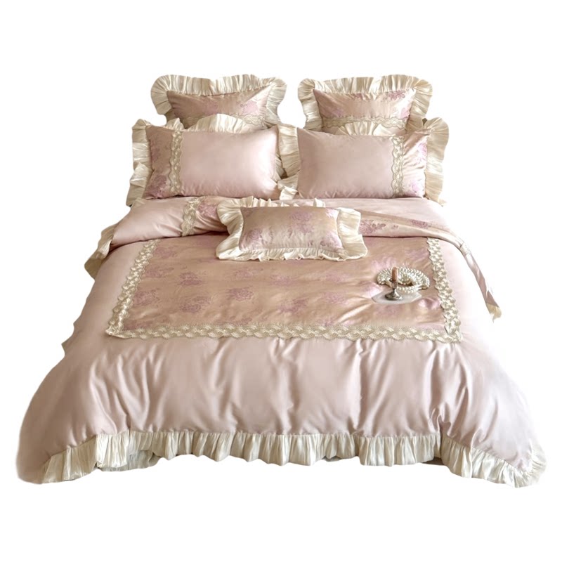 法式轻奢全棉长绒棉四件套公主风纯棉提花蕾丝被套床少女裸睡床品
