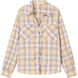 7AM10PM慵懒风黄格子抽皱衬衣女 设计感小众宽松廓形天丝衬衫防晒