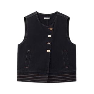 设计师款佐丹奴2026年春季斜门襟明线圆领牛仔马甲外套女18376503