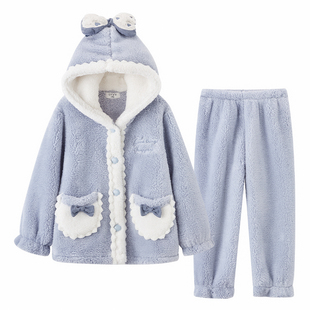 千线艺女童珊瑚绒睡衣花边公主风秋冬季连帽款保暖儿童家居服套装