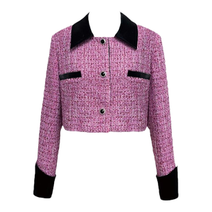 【折】MOOD X MIURA 秋新款 玫红色粗花呢PU皮拼接短套装