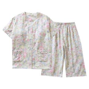 胸垫睡衣女夏季薄款纯棉纱布清新卡通免文胸短袖七分裤家居服套装