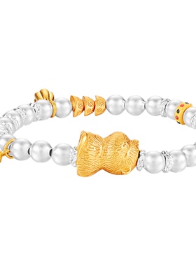 银千造 莲藕手链 足银999米镀金两世欢手链招财猫国风转运银手串