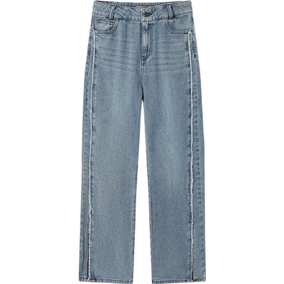 爱居兔秋季侧边毛边设计微开衩阔腿裤全棉牛仔裤