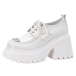 10厘米增高鞋女真皮单鞋粗跟厚底休闲鞋金属松糕英伦鞋系带乐福鞋