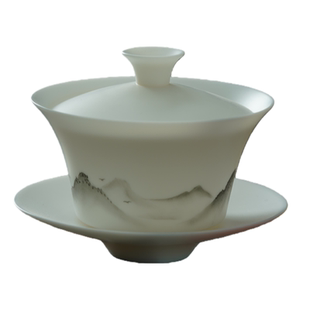 羊脂玉瓷远山手绘马蹄盖碗套组德化白瓷素烧哑光薄胎10头套装送礼