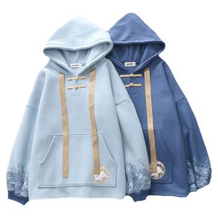 森系软妹少女甜美中国风浪花盘扣小兔子连帽加绒卫衣女学生秋冬装