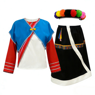 台湾高山族服装女成人演出服 七彩头饰民族舞蹈服 舞台表演服套装