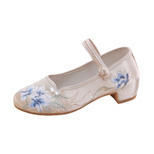 新中式国风单鞋复古高跟旗袍鞋古风茶艺布鞋民族风一字带绣花女鞋