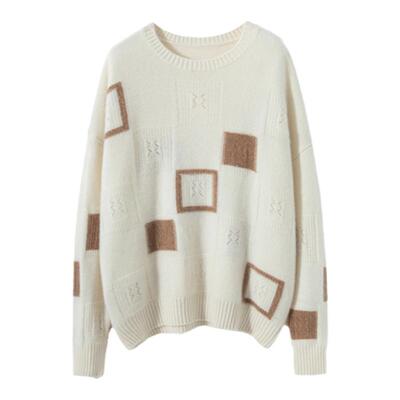 方块提花100山羊绒衫女镂空格子