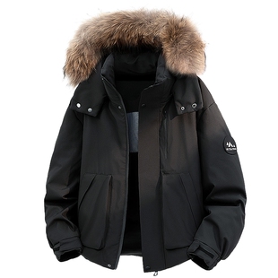 男士黑色美式鸭绒保暖羽绒服男款毛领外套工装夹克2025新款防寒服