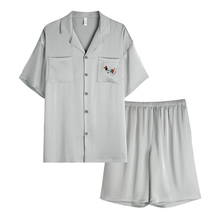 轩靓男士睡衣夏季薄款冰丝绸短袖短裤仿真丝高级感大码家居服套装