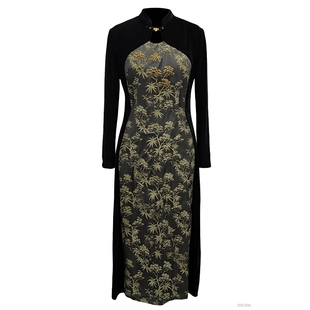 马天奴秋冬女黑色提花拼接连衣裙子新中式立领长袖收腰旗袍裙国风