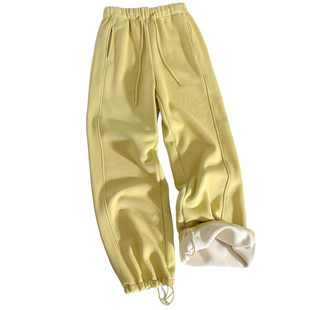 柠檬黄色阔腿裤女秋冬季2025新款 休闲直筒裤子 加绒加厚运动卫裤