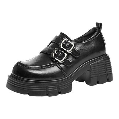 红蜻蜓粗跟乐福鞋增高小皮鞋