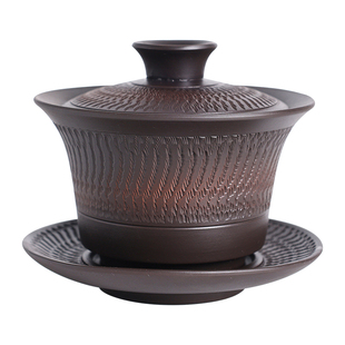 手工跳刀紫陶悬停旋转三才盖碗泡茶碗紫砂三泡台功夫茶具茶杯带盖