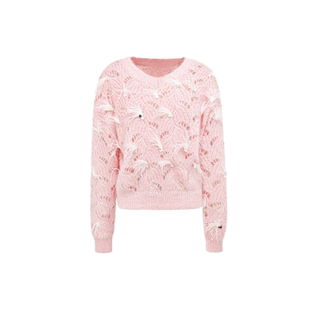 BeQueenStory25秋冬新款粉珍珠羽毛千金镂空微透花纱针织毛衣上衣