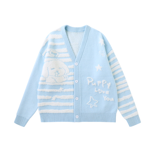 LAMLICKA蓝色小狗条纹开衫毛衣外套男秋冬潮牌可爱宽松长袖针织衫