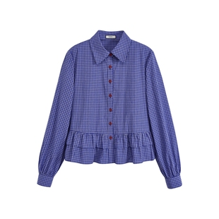 阔色蓝色格子衬衫女26春季新miu系穿搭荷叶边衬衣上衣小衫短款秋