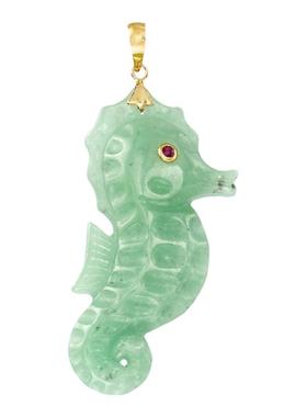 自营 Ross-Simons 14kt 黄金绿翡翠海马吊坠配红宝石口音 红色 美